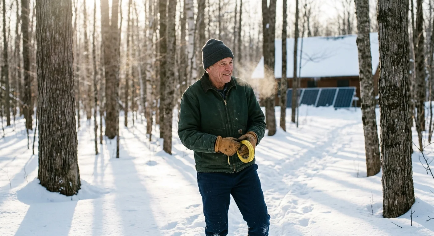 Smiling man in a beanie and winter coat stands in a snowy forest holding measuring tape near a cabin with solar panels.