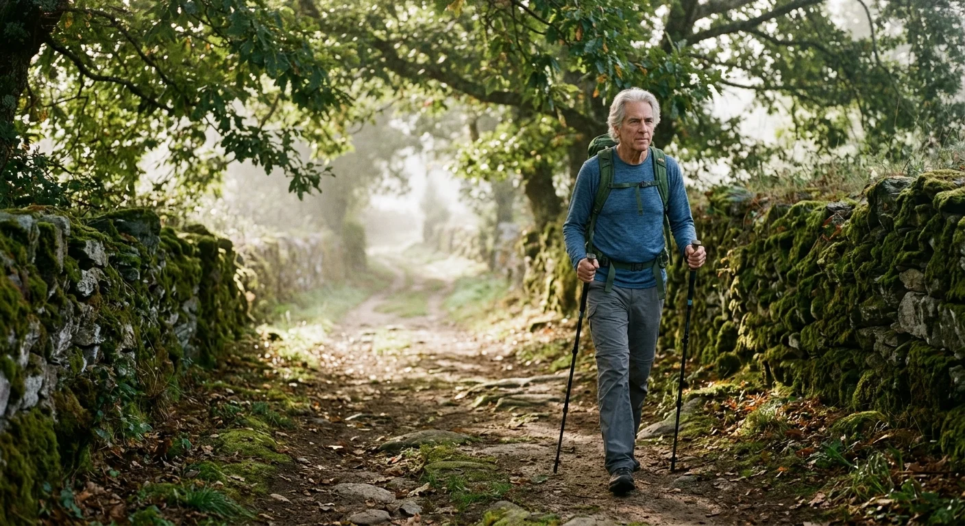 Senior man hiking along a dirt path between moss-covered stone walls with a backpack and trekking poles.