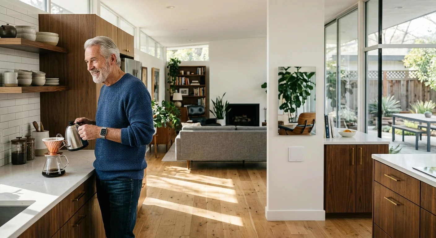Smiling older man pouring hot water into a coffee maker in a modern open-concept kitchen and living room.