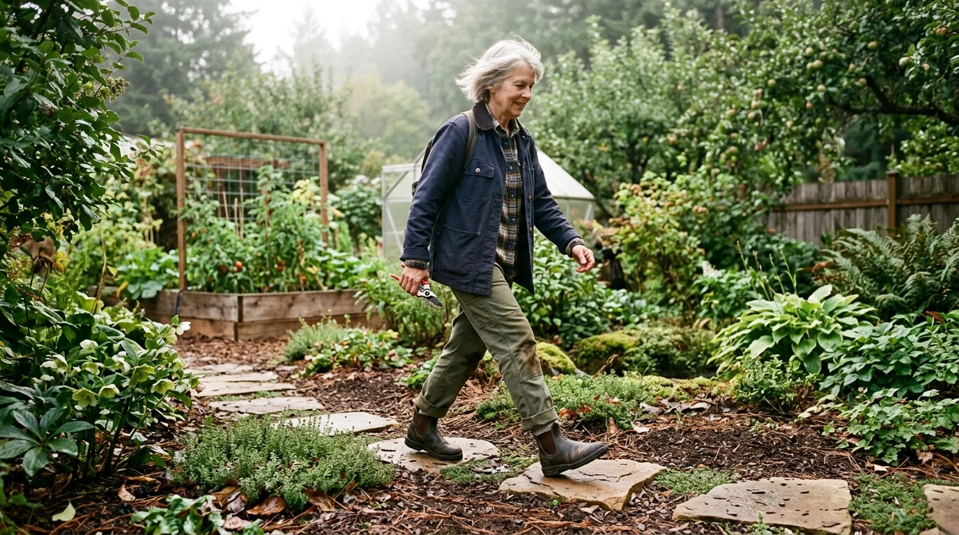 An older woman with grey hair walks along a stone stepping path in a lush garden carrying pruning shears.
