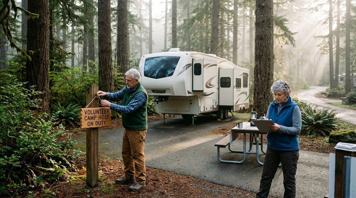 A man hangs a camp host sign while a woman writes on a clipboard next to an RV parked among tall forest trees.