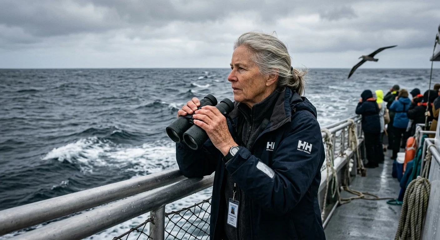 An older woman holds binoculars at a boat railing on rough seas while a seabird flies in the background.