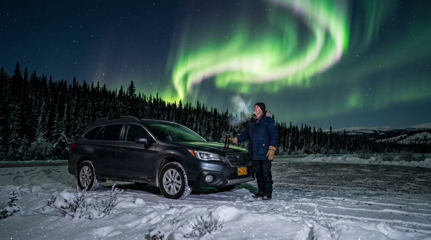 A man stands beside a parked car on a snowy road at night, looking up at vibrant green northern lights in the sky.
