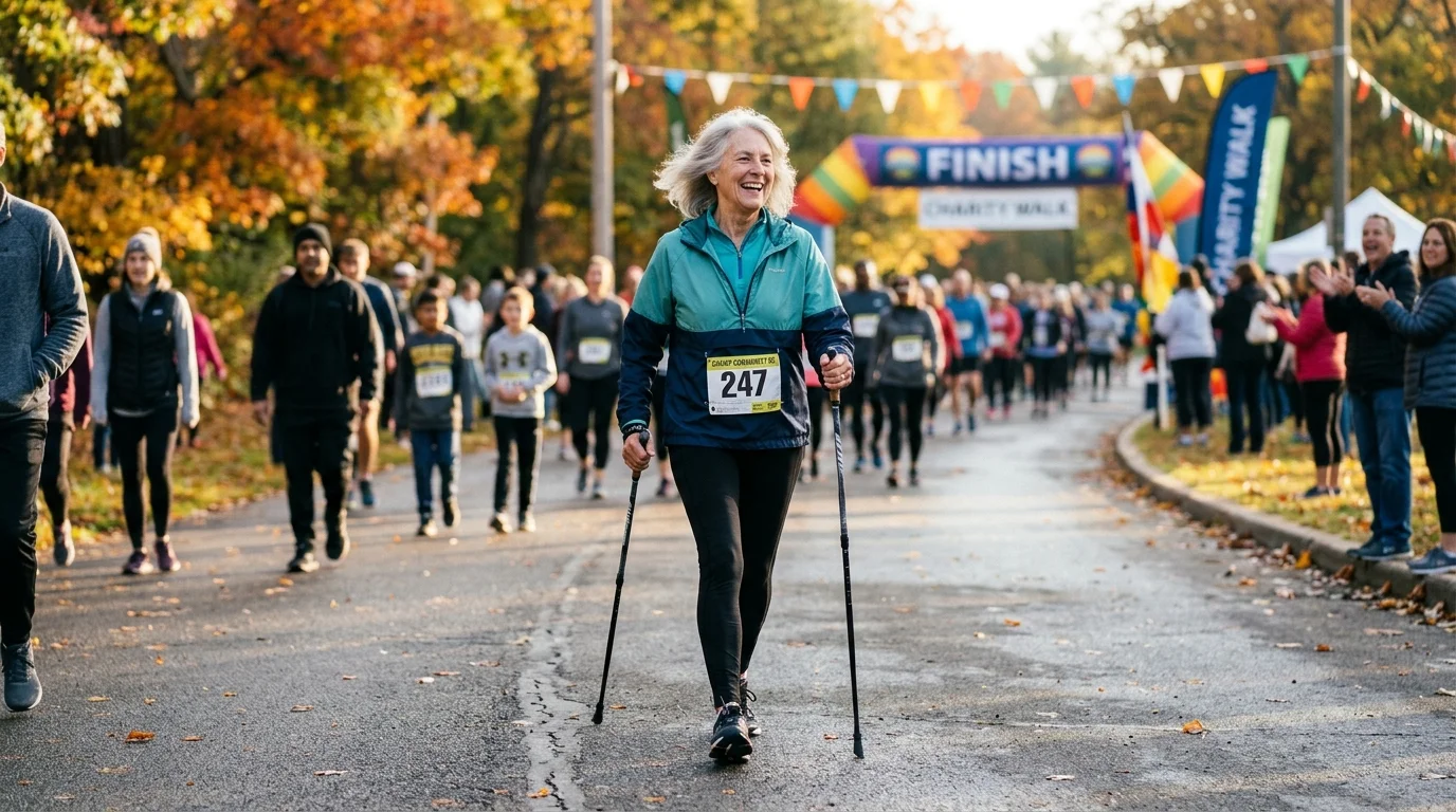 A smiling woman walks with trekking poles along a road toward a colorful charity walk finish line arch.