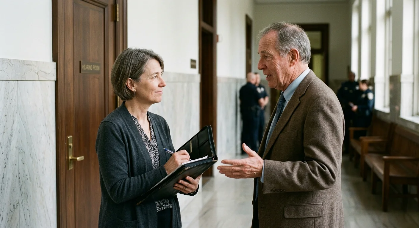 A woman taking notes in a folio while speaking with a man in a blazer in a courthouse hallway.