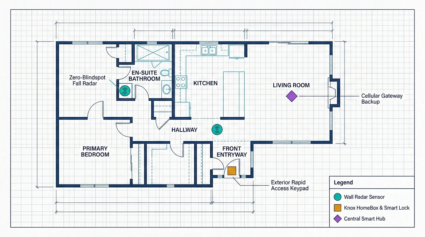 Floor plan blueprint showing locations for wall radar sensors, a smart lock, and a central smart hub on a grid.