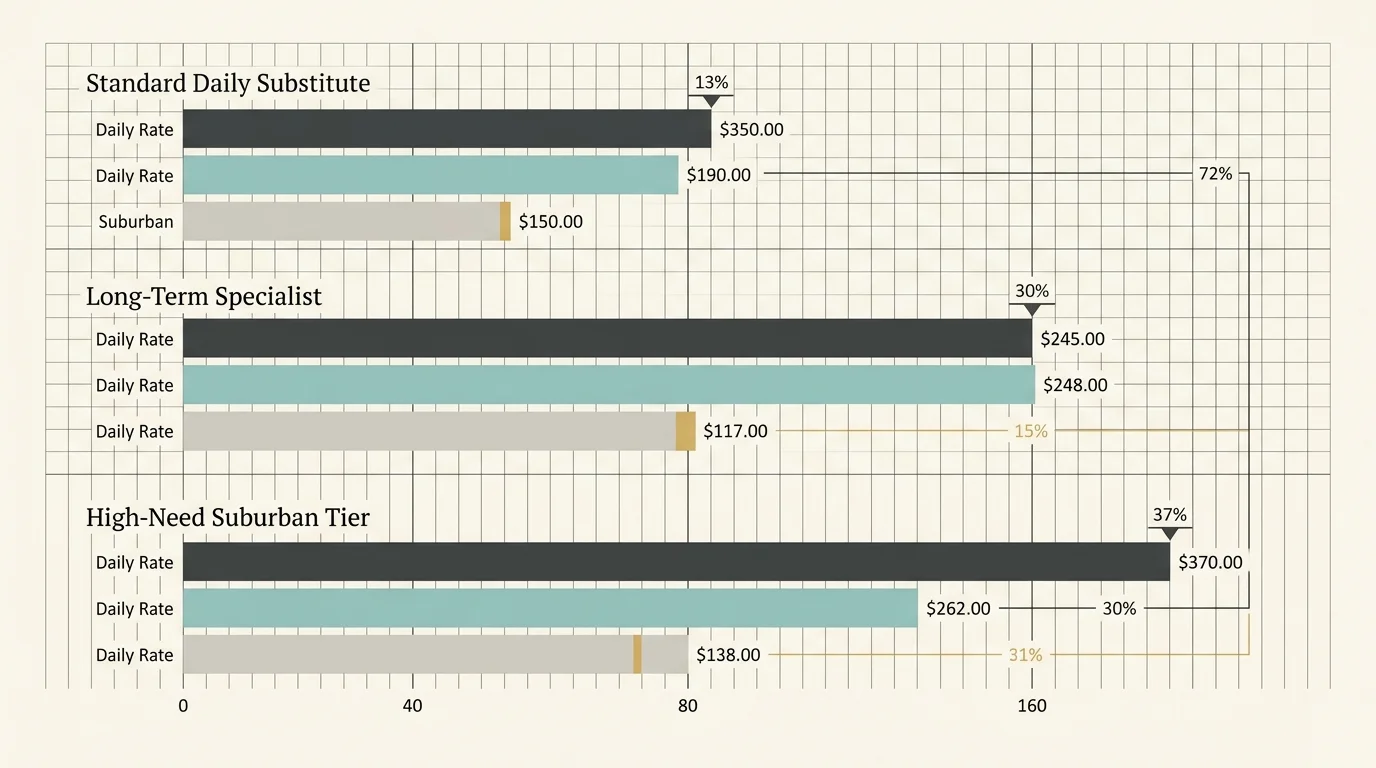 Horizontal bar chart comparing daily rates for standard daily substitutes, long-term specialists, and high-need suburban tiers.