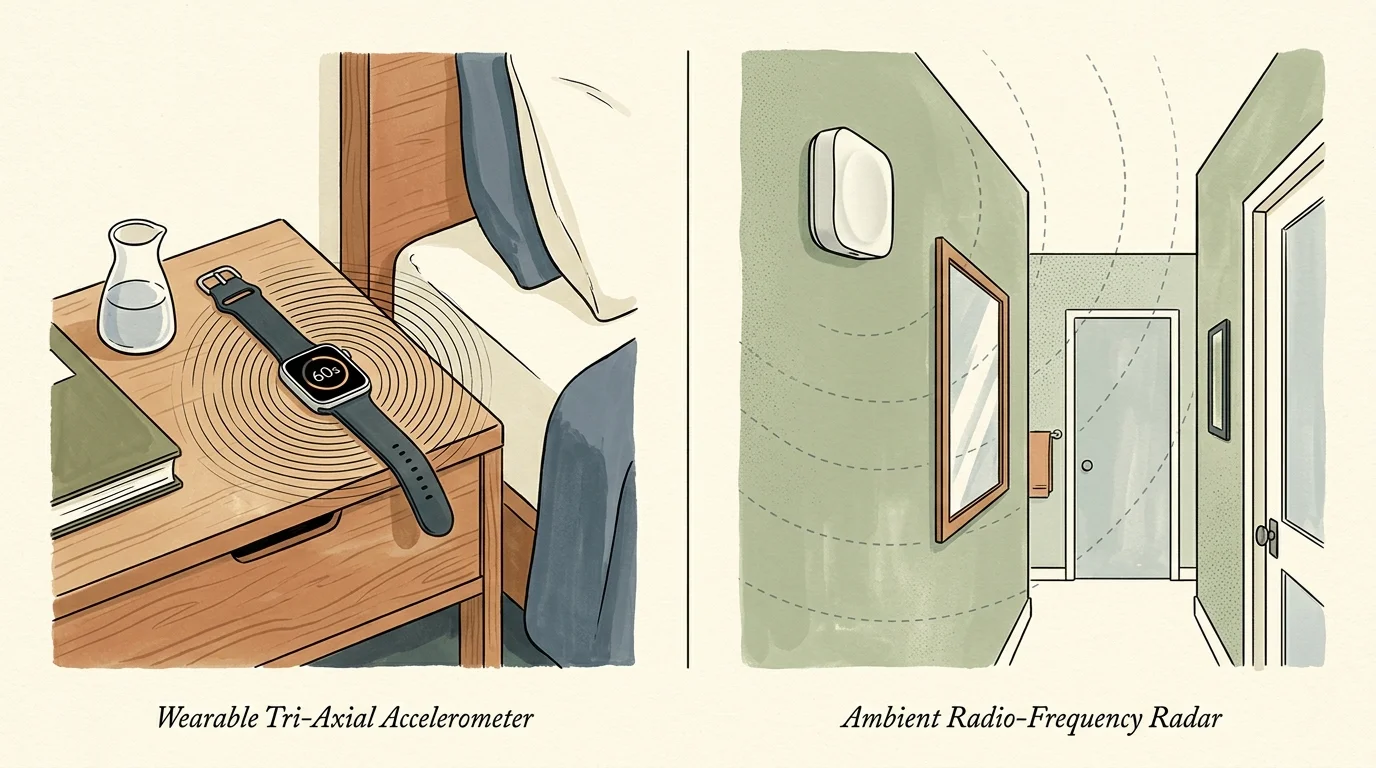 Split illustration showing a smartwatch on a nightstand beside a hallway with a wall-mounted radio-frequency radar sensor.