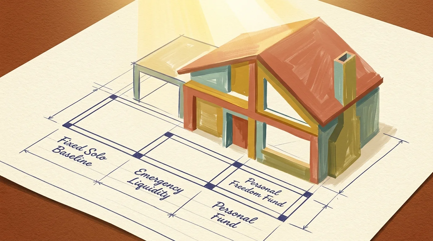 Architectural blueprint sketch of a colorful house model rising from labeled floor plan foundations.