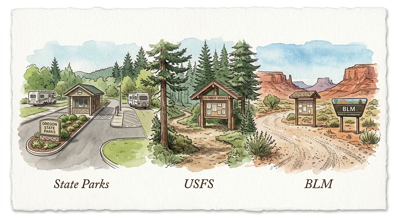Triptych illustration contrasting entrance landscapes and signs for State Parks, US Forest Service, and BLM lands.