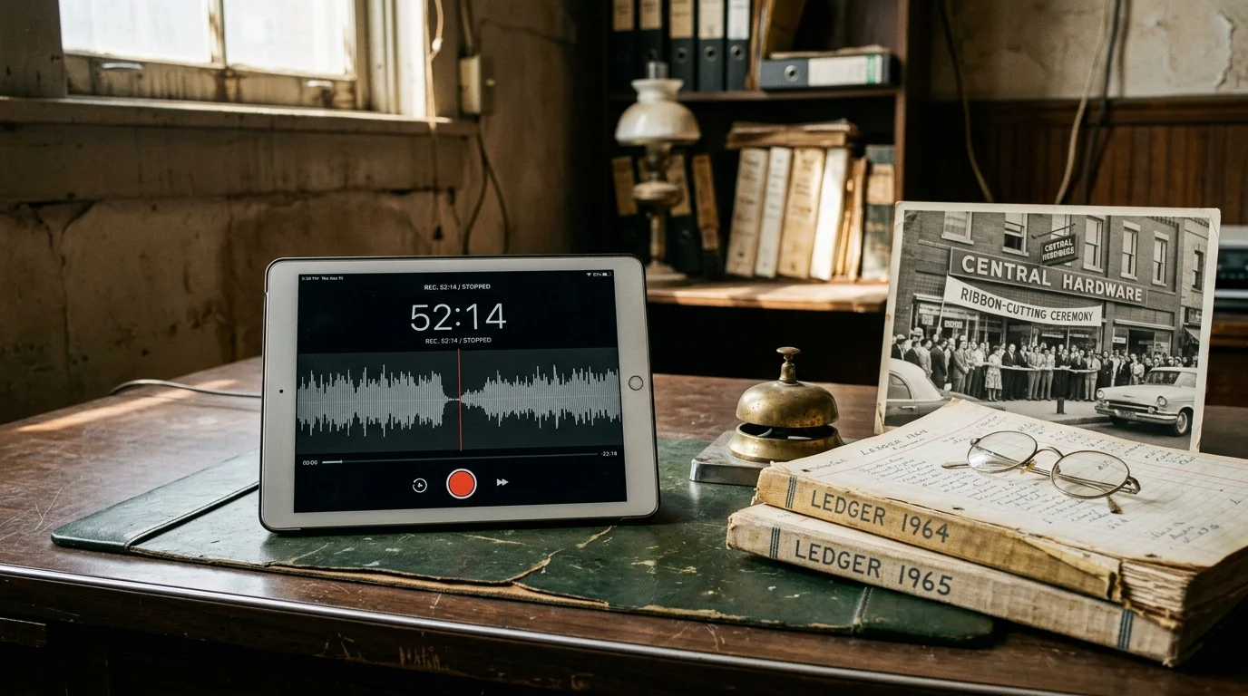 An iPad displaying an audio waveform beside old ledgers, eyeglasses, a service bell, and a vintage hardware store photograph.