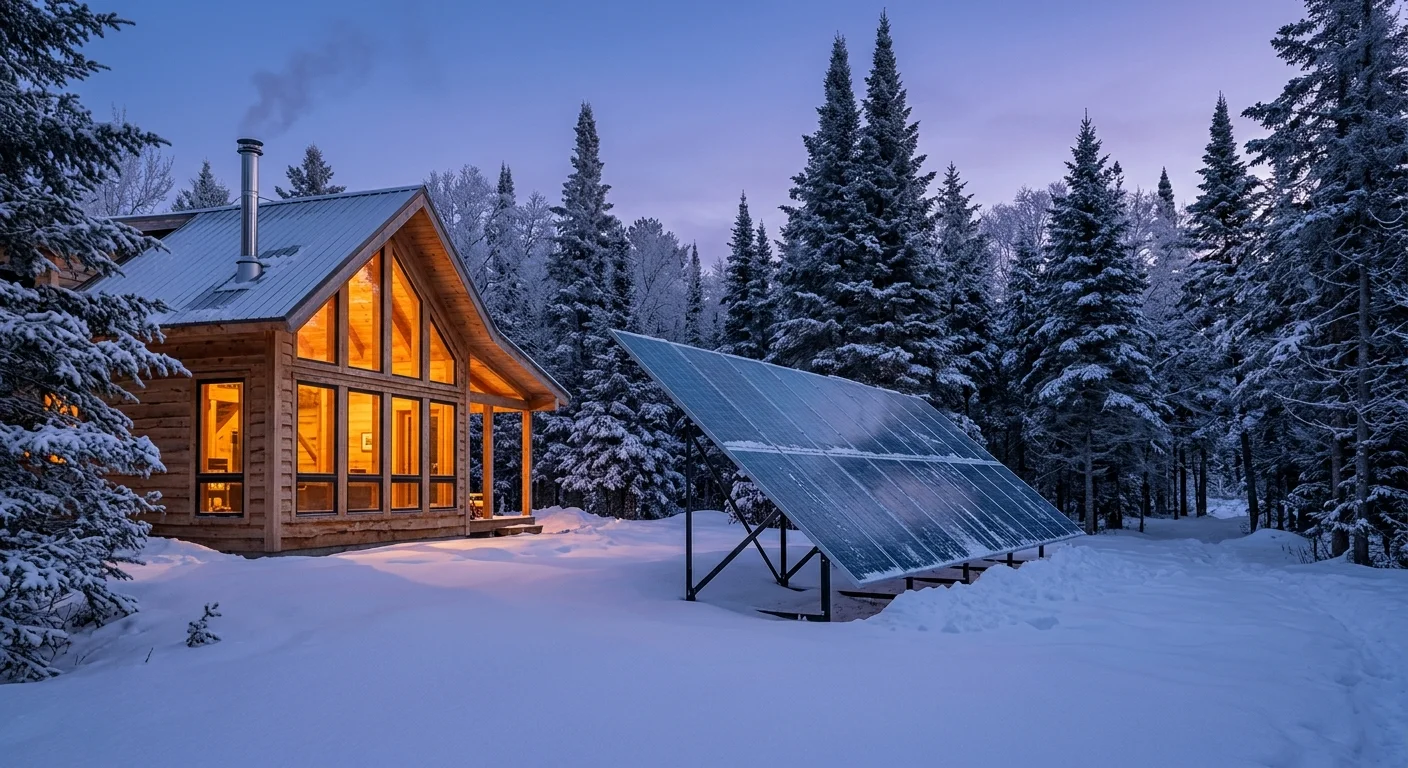 A glowing wooden cabin in a snowy forest next to a large ground-mounted solar panel array at twilight.