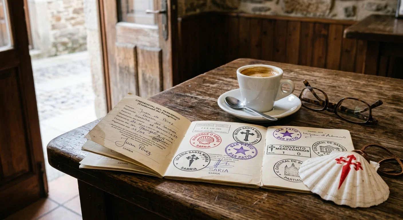 Stamped pilgrim credential passport, scallop shell, glasses, and an espresso cup on a rustic wooden table.