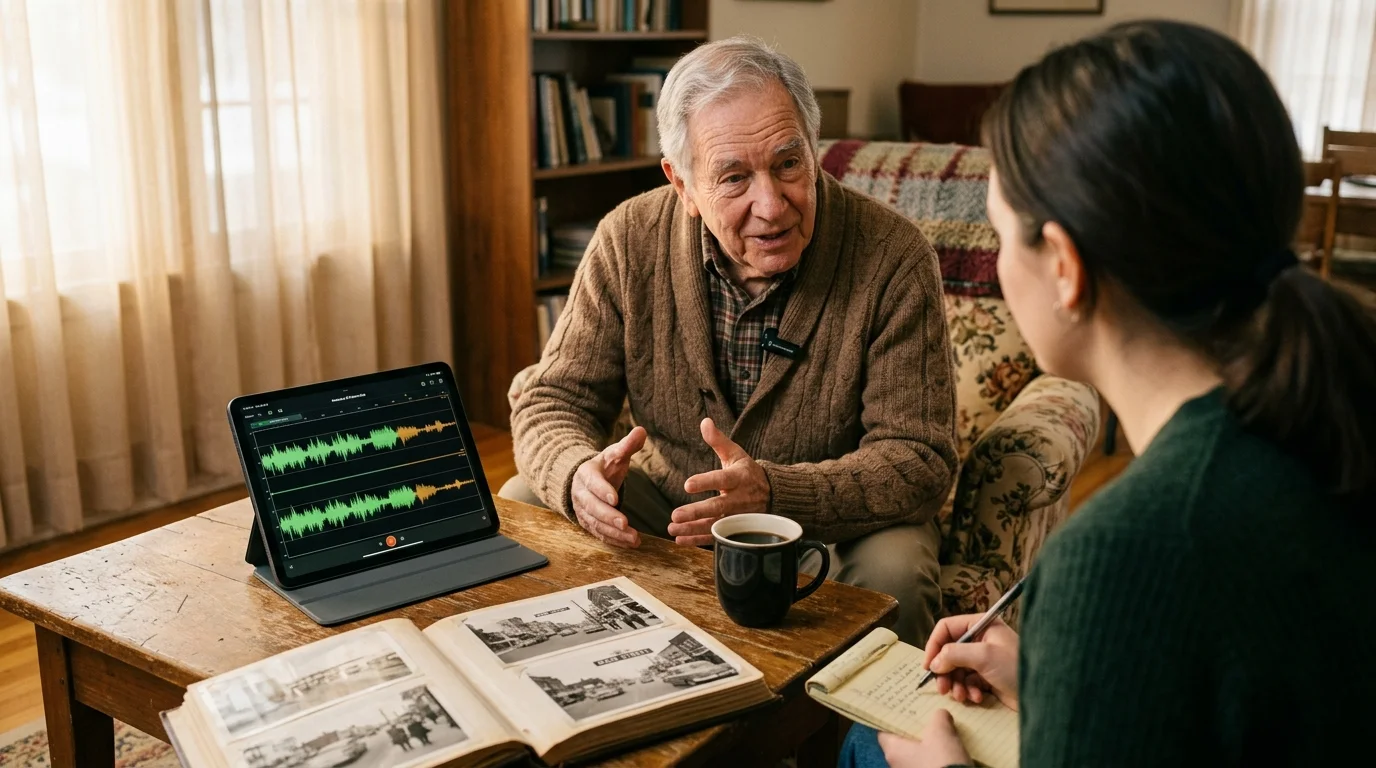 An older man speaks across a table to an interviewer, with an iPad displaying audio waveforms and an open photo album.