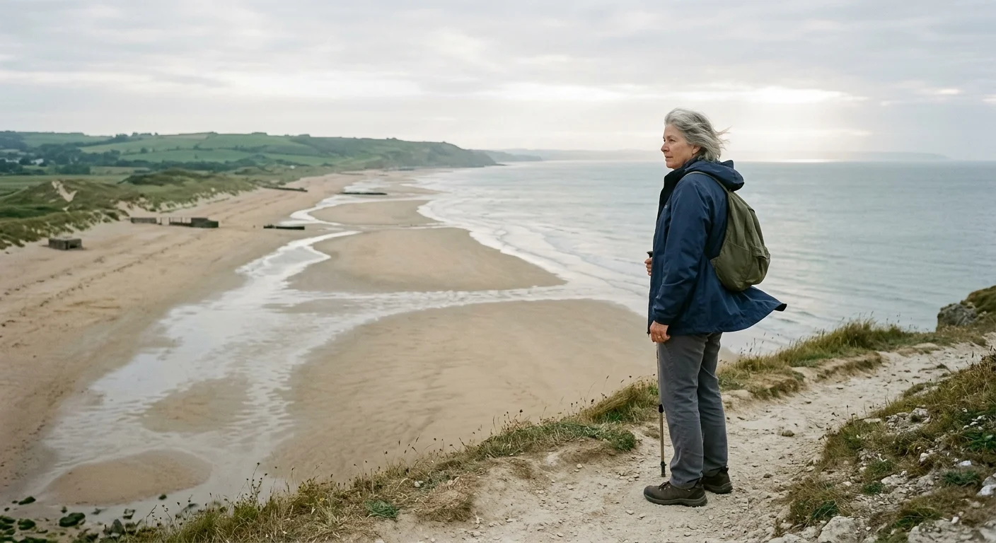 A senior woman with walking poles and a backpack stands on a coastal cliff overlooking an expansive sandy beach.