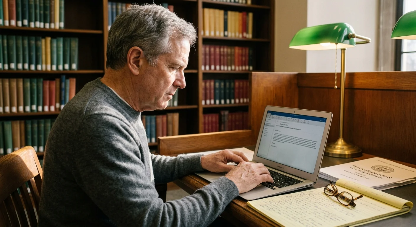 A mature man types on a laptop at a wooden desk in a library surrounded by bookshelves and a green banker lamp.