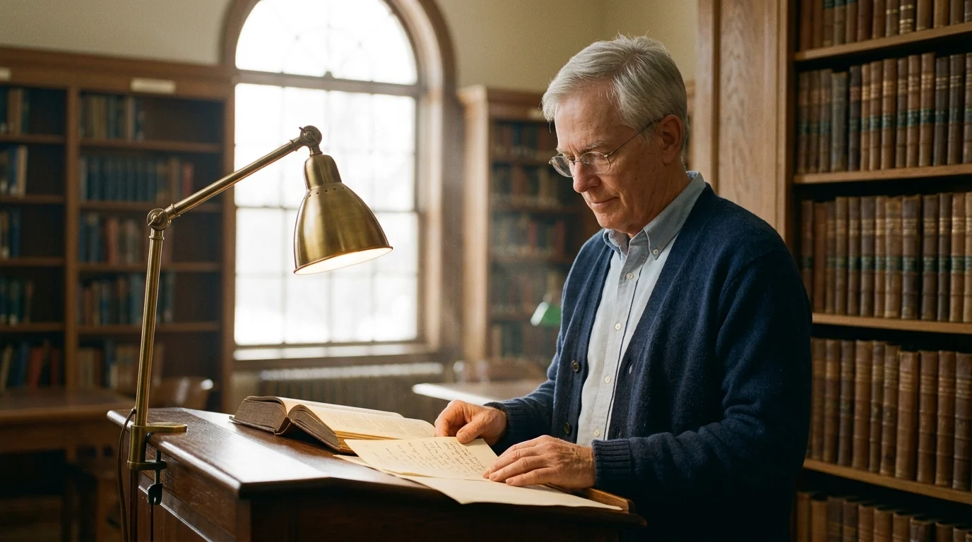 An older man wearing glasses reads papers at a wooden podium lit by a brass lamp inside a library with book-lined shelves.