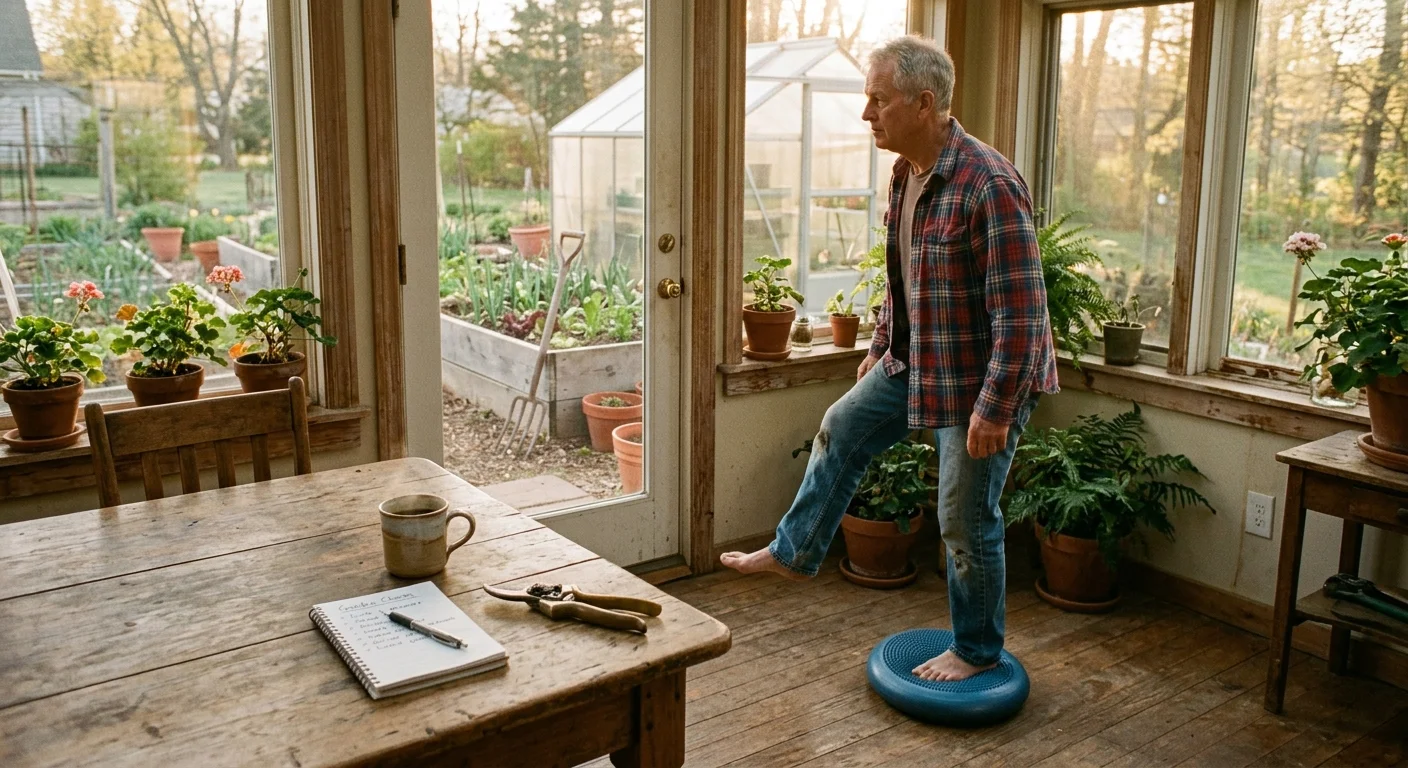 A man balances barefoot on one leg atop a blue wobble cushion in a sunroom beside a doorway to the garden.