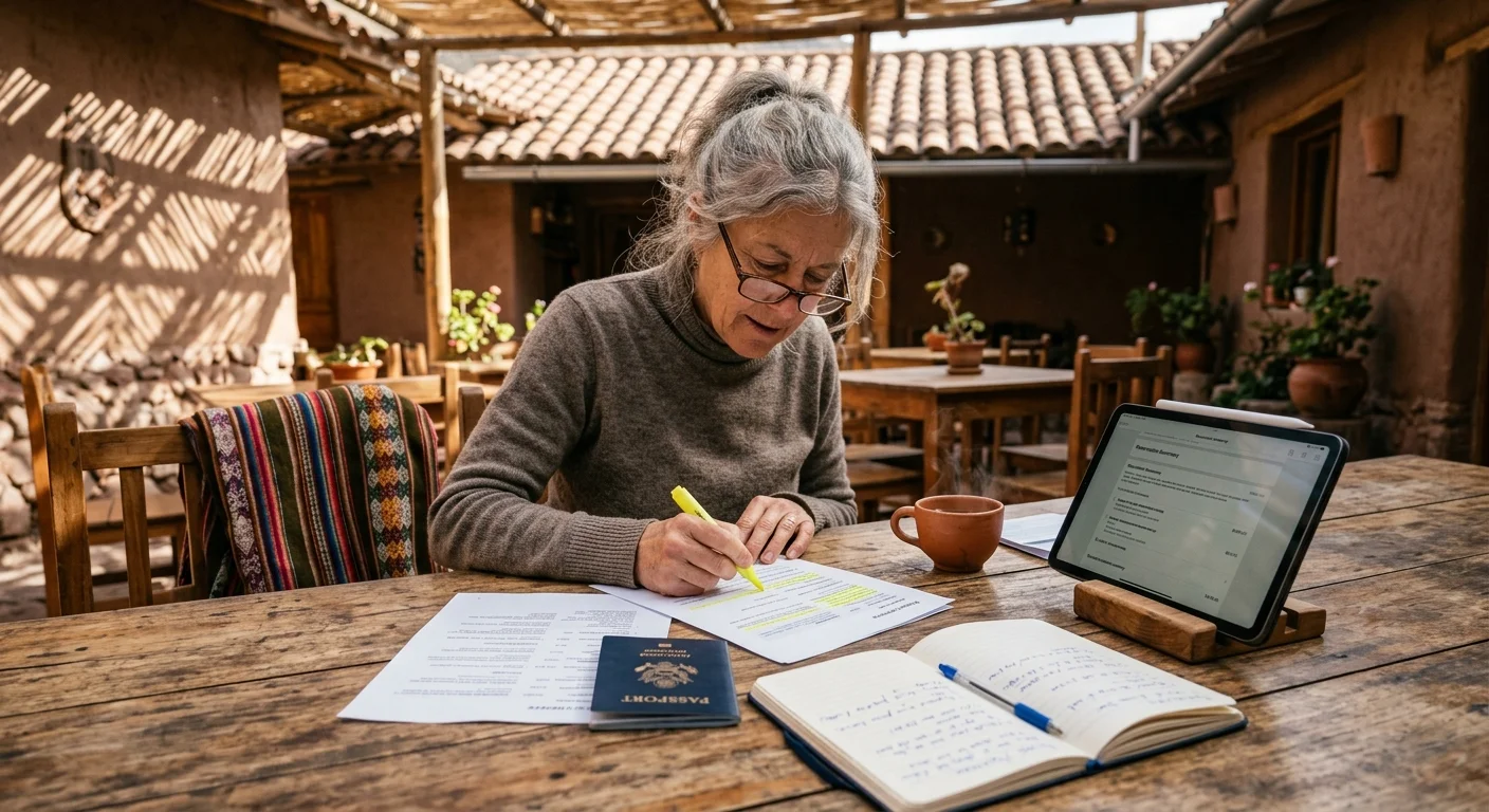 Senior woman reviewing travel documents and a passport at a rustic wooden table with a tablet and notebook.