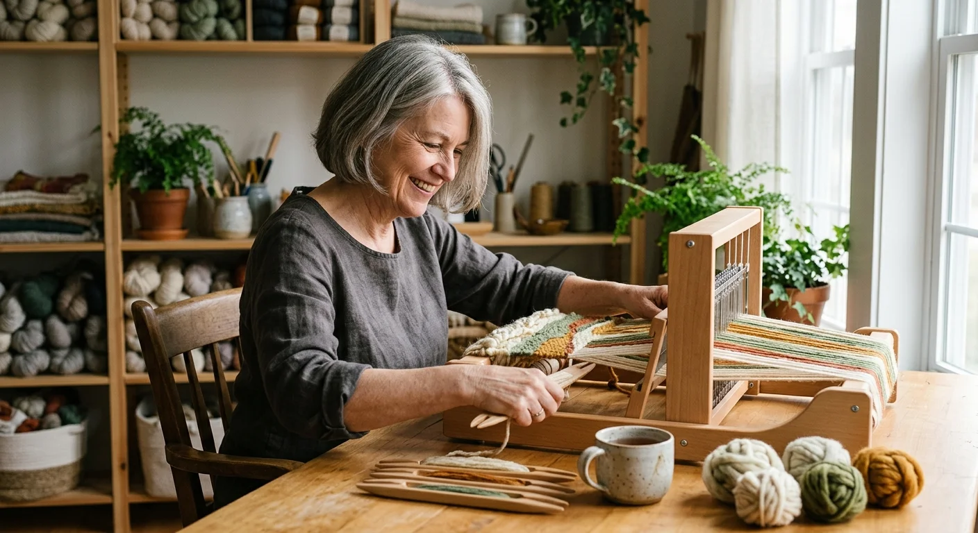 A smiling senior woman sits at a wooden table weaving yarn on a compact tabletop rigid heddle loom.