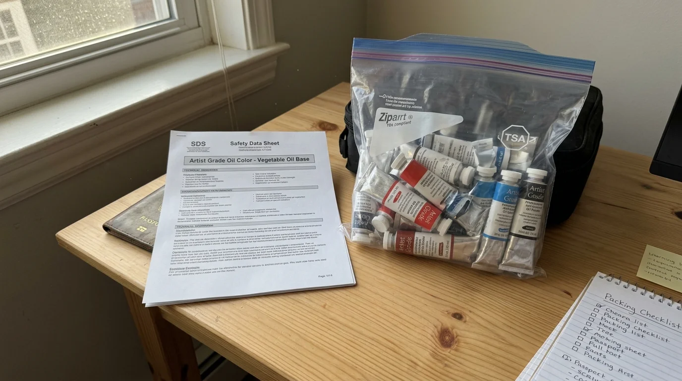 Clear zip-top bag filled with paint tubes sits beside an SDS sheet and packing checklist on a desk.