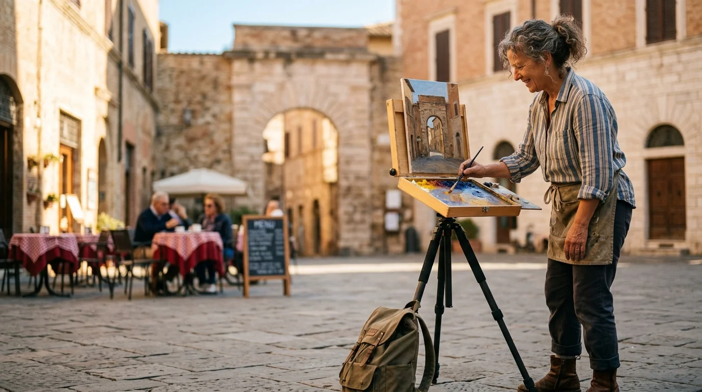 A woman painting at a compact wooden easel on a tripod in a cobblestone town square near outdoor cafe seating.