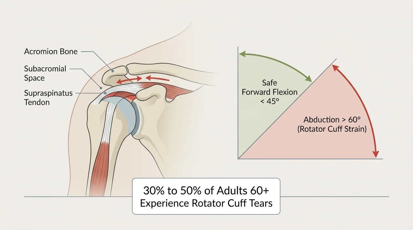 Medical diagram of shoulder anatomy beside an arm angle chart showing safe flexion and abduction strain zones.