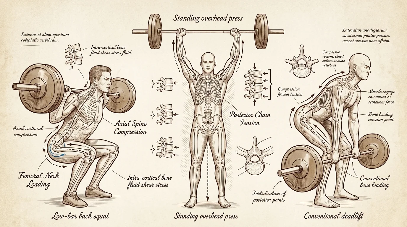Medical illustration showing skeletal loading mechanics during a low-bar back squat, standing overhead press, and deadlift.