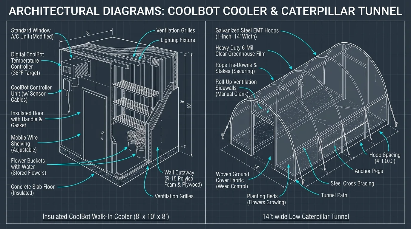 Blueprint architectural diagram of an insulated CoolBot walk-in cooler alongside a low caterpillar tunnel with callouts.