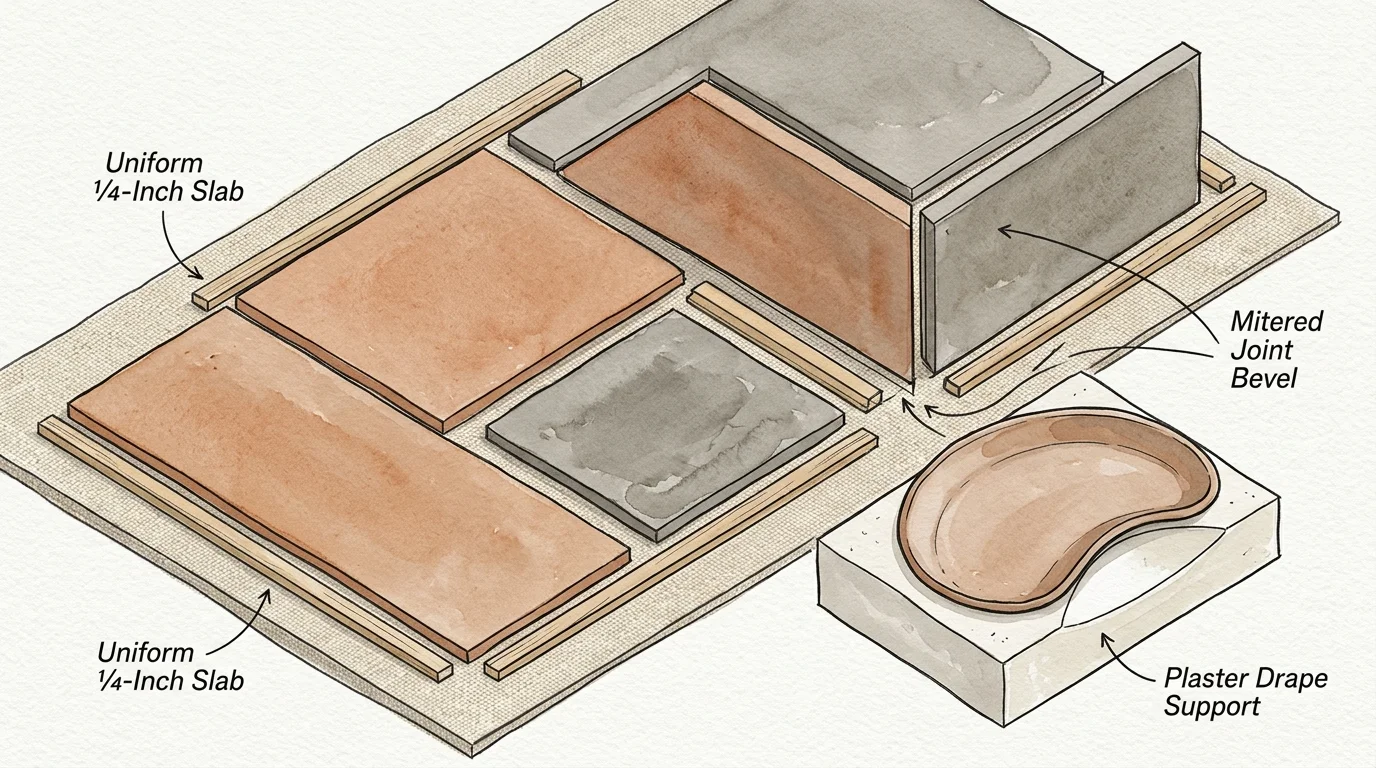 Illustration of ceramic slab building techniques with labeled clay slabs, guide sticks, mitered joints, and a plaster drape mold.