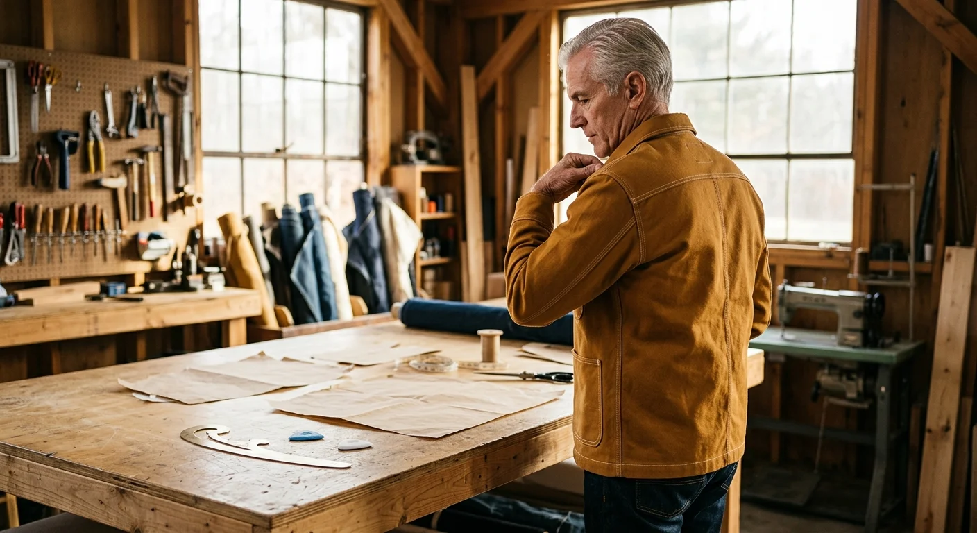 Man with grey hair wearing a tan canvas chore jacket stands by a wooden cutting table with sewing patterns in a workshop.