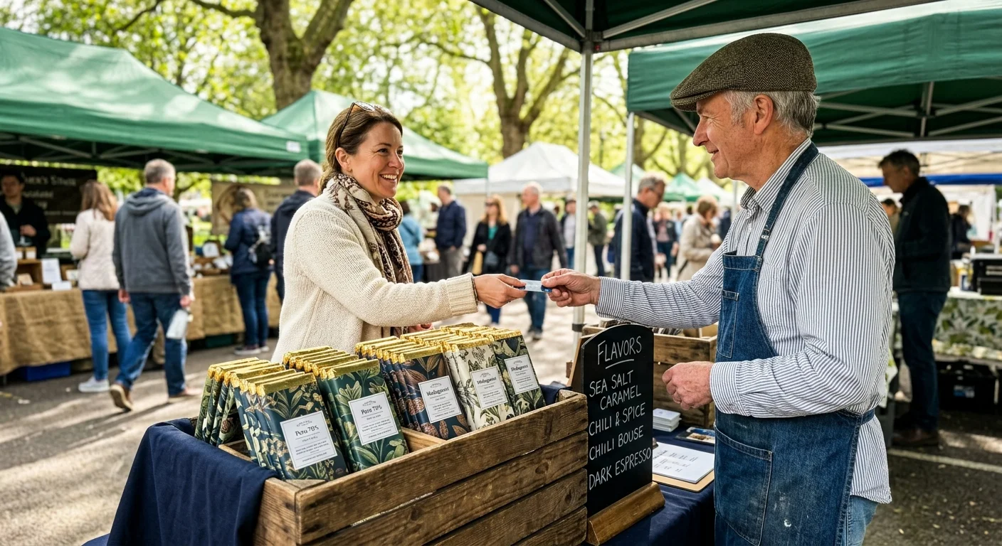 A vendor in an apron hands a card to a smiling woman at an outdoor farmers market chocolate stall.