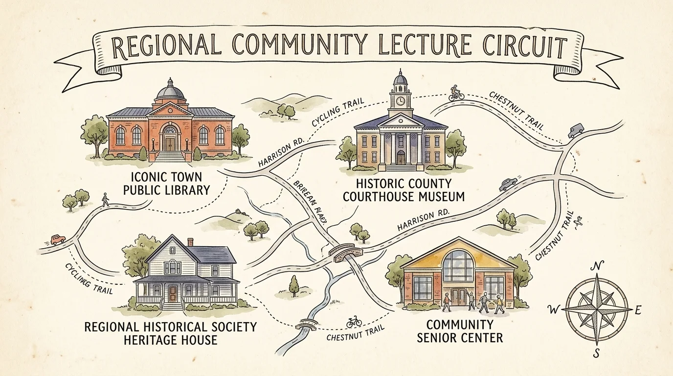 Illustrated map of a regional lecture circuit connecting a library, courthouse museum, heritage house, and senior center.
