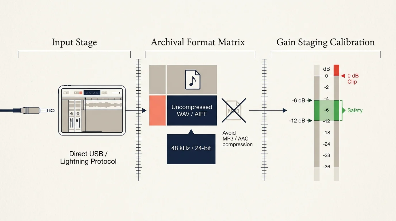 Diagram outlining an iPad input stage, archival format matrix choosing uncompressed WAV over MP3, and gain staging meter.