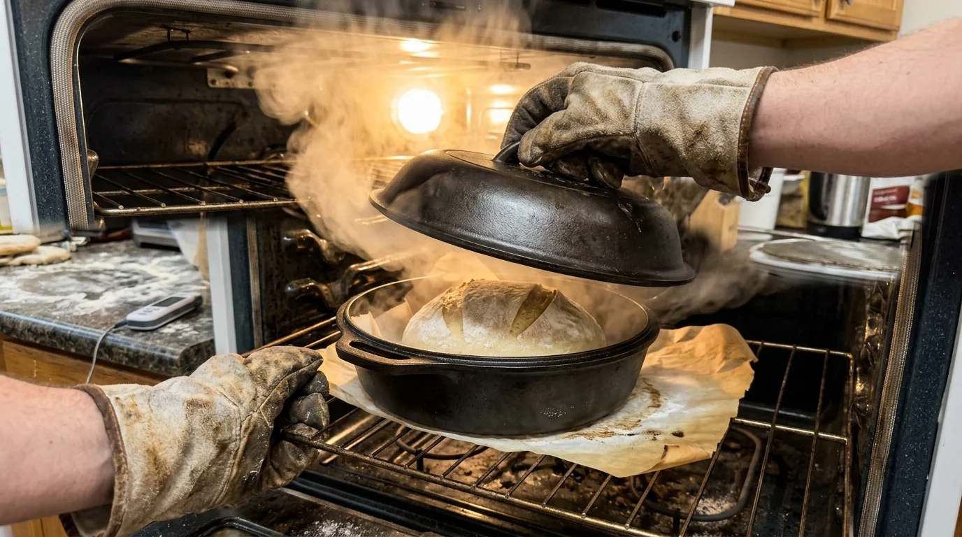 Gloved hands lift the cast-iron lid from a steaming Dutch oven inside an oven, revealing baking sourdough bread.
