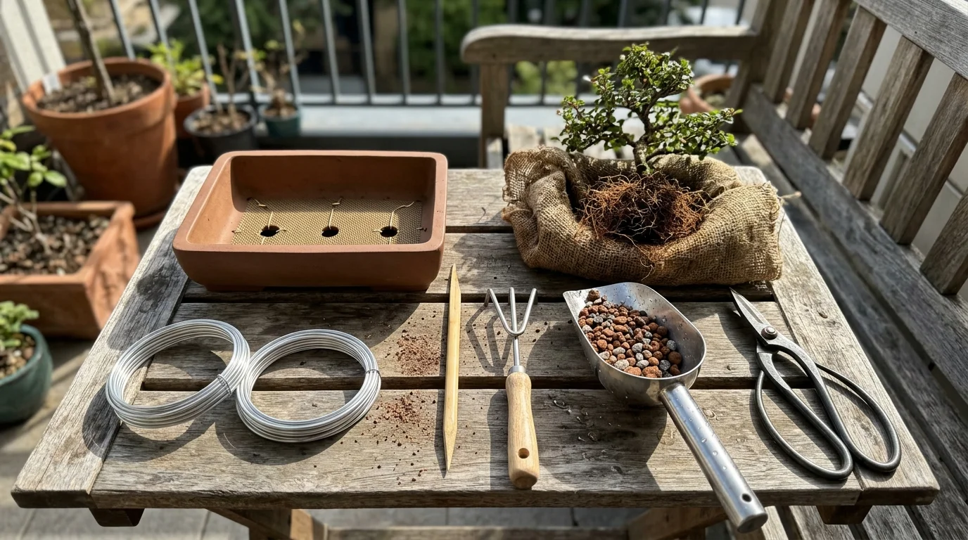 Bonsai tools, wire coils, substrate scoop, an unglazed pot, and a bare-root tree laid out on an outdoor wooden table.