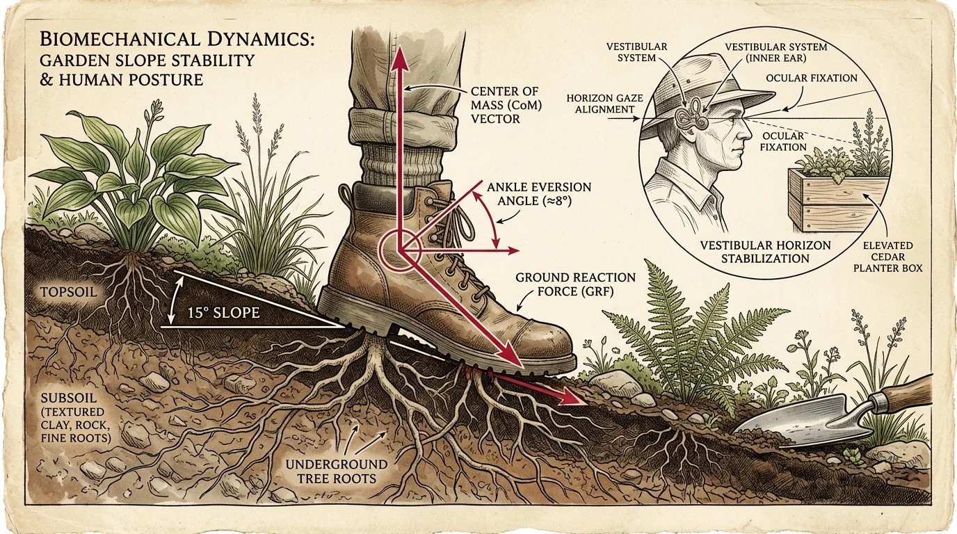 Biomechanical diagram of a booted foot on a 15-degree slope with force vectors and an inset of vestibular gaze alignment.