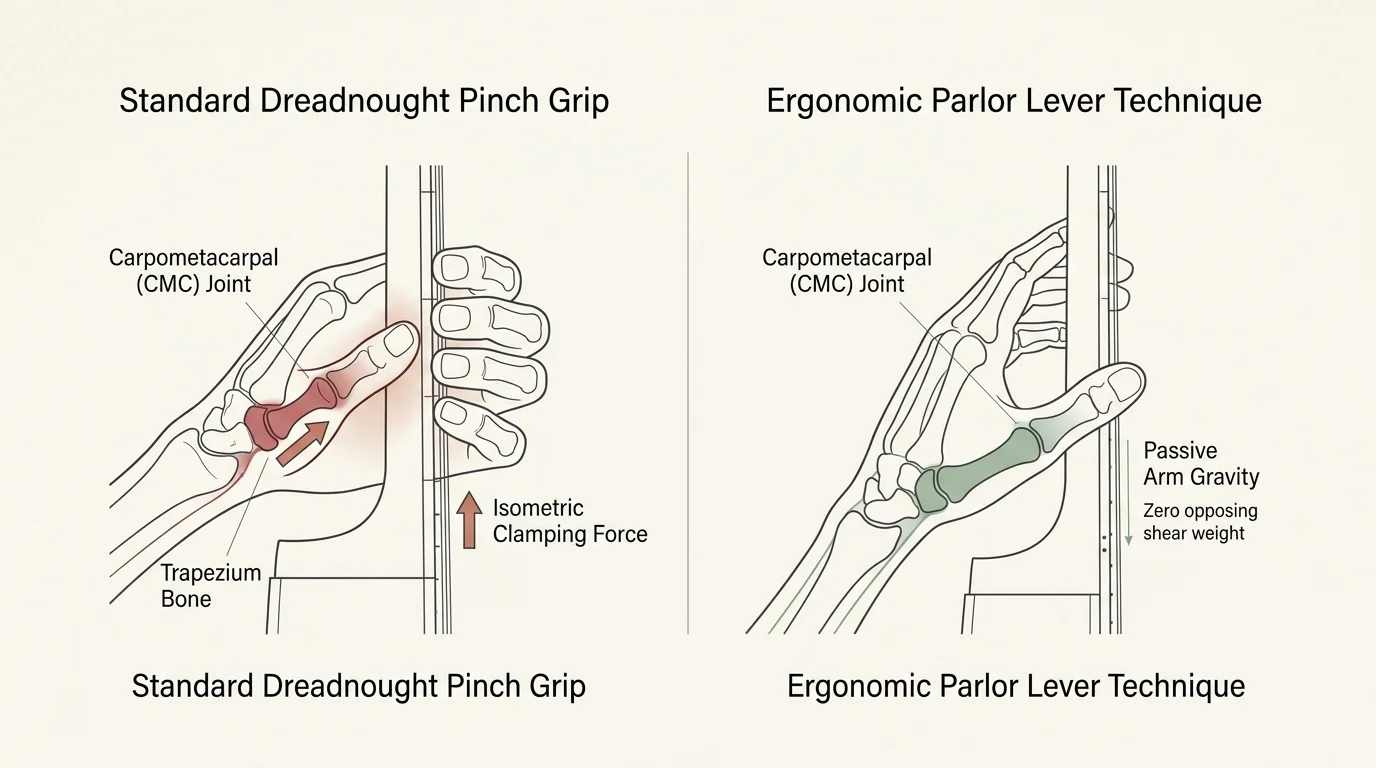 Diagram contrasting carpometacarpal joint stress in a dreadnought pinch grip versus an ergonomic parlor lever technique.