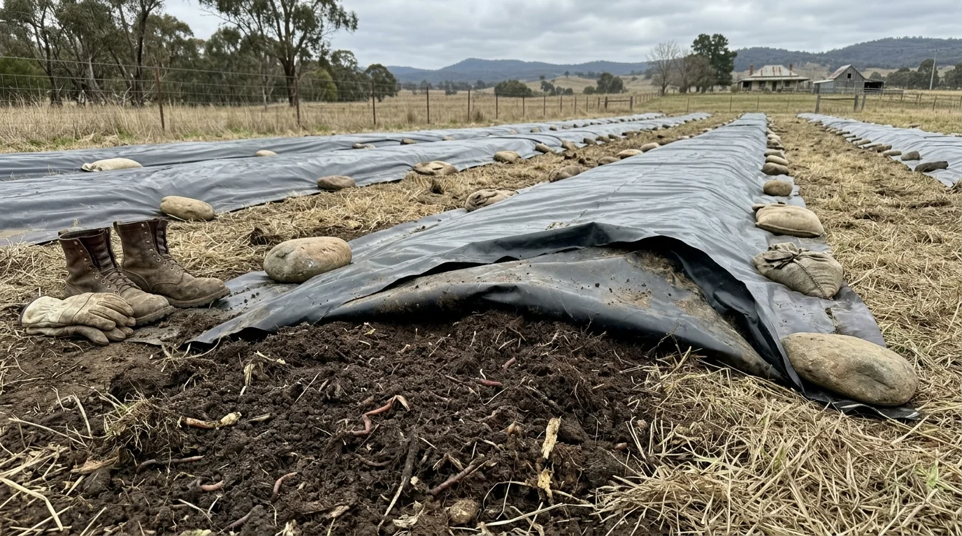 Long rows of black plastic tarps held down by rocks and sandbags over garden beds, revealing rich dark soil with earthworms.