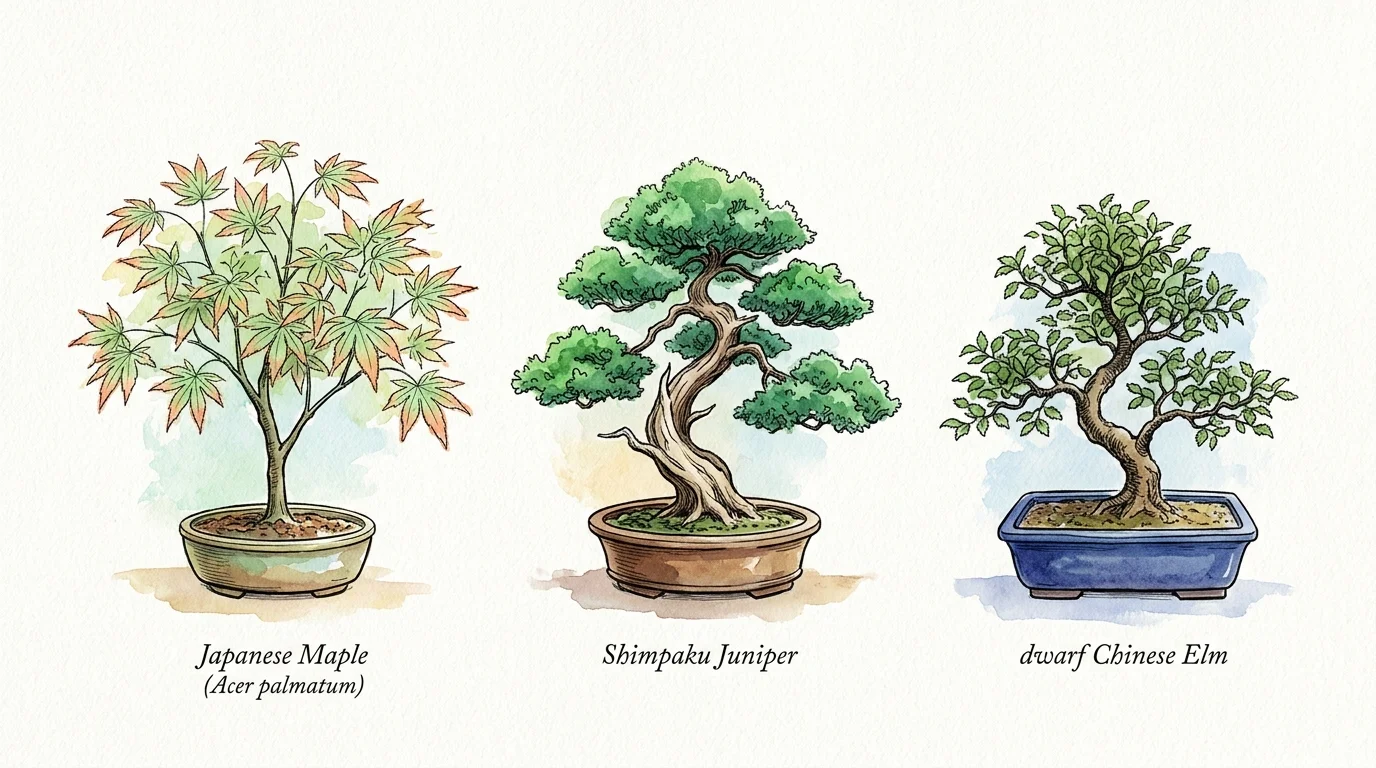 Ink and watercolor illustration of Japanese Maple, Shimpaku Juniper, and dwarf Chinese Elm bonsai trees in pots.