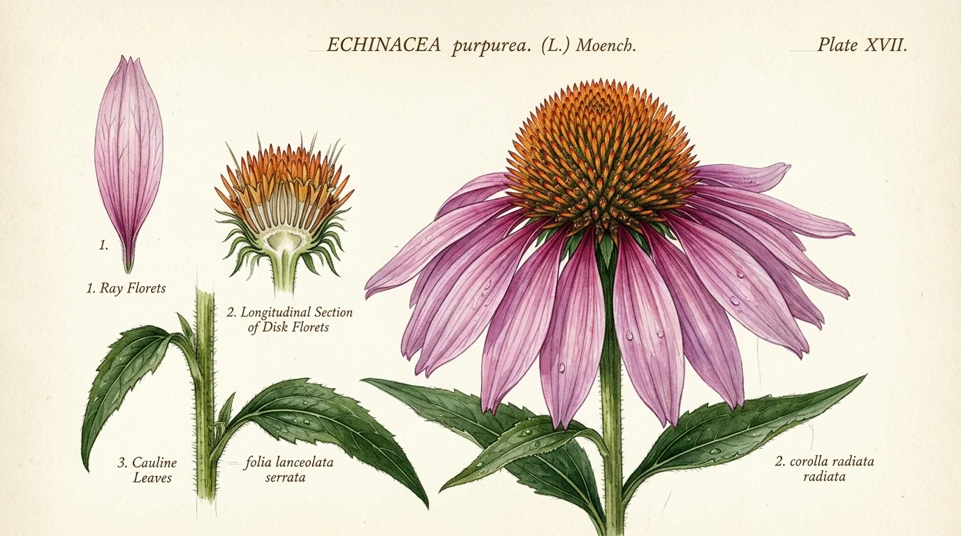 Botanical watercolor illustration of an Eastern Purple Coneflower, ray floret, stem leaves, and dissected disk floret.