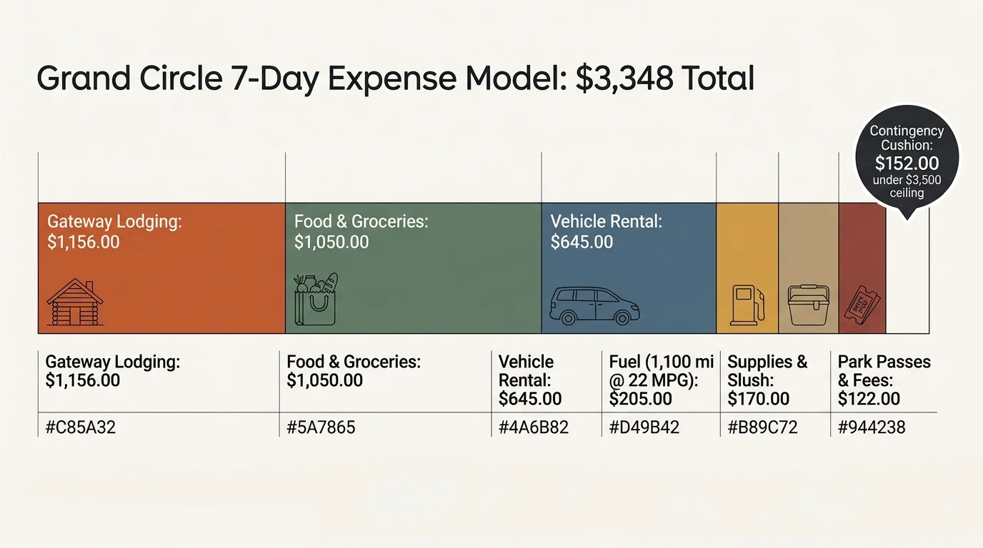 Horizontal segmented bar chart breaking down a $3,348 Grand Circle road trip budget with a $152 contingency cushion.