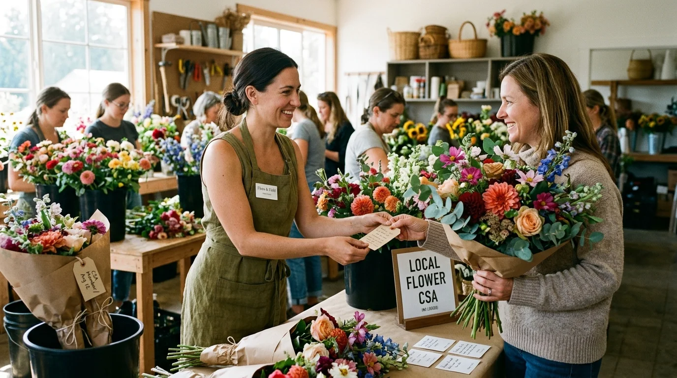 A florist handing a card to a customer holding a wrapped bouquet in a busy flower workshop.