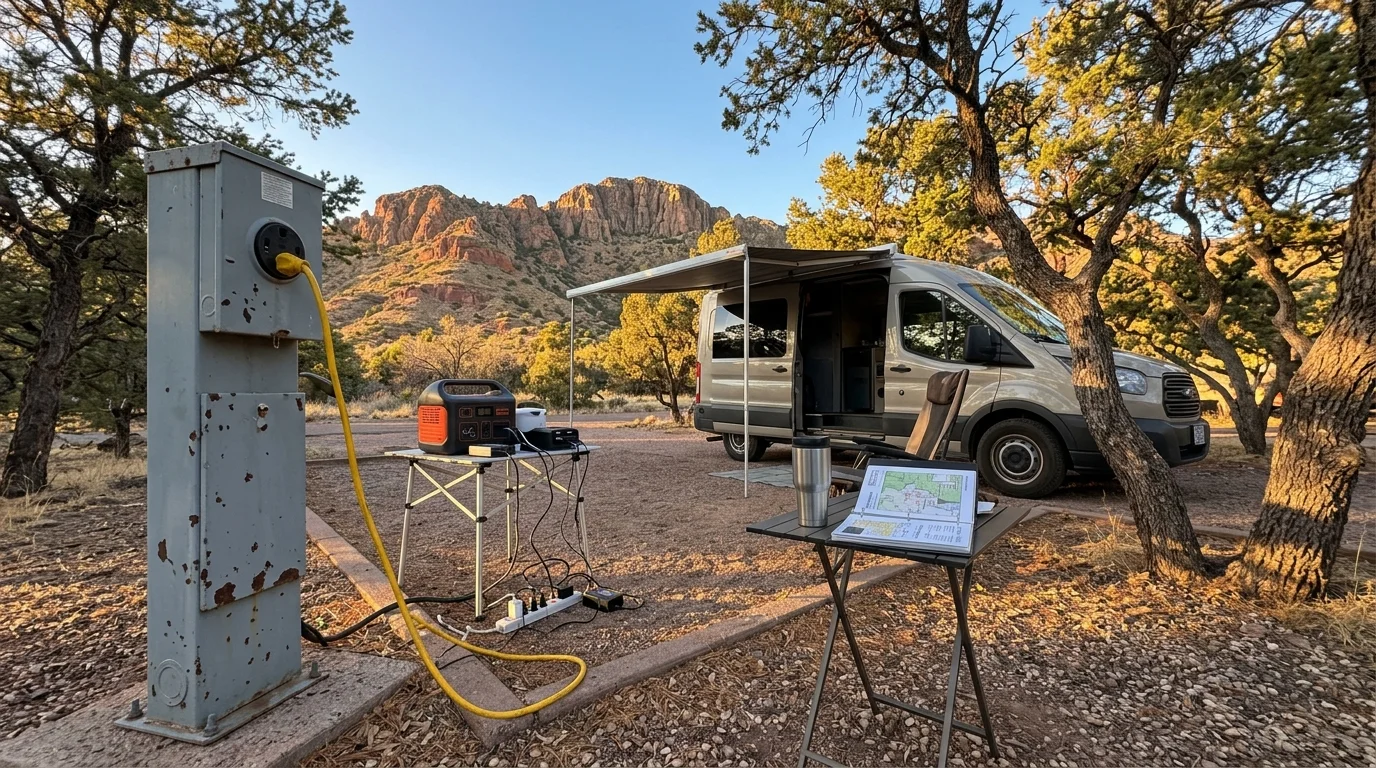 Camper van parked at a campsite with a yellow cable plugged into an electrical pedestal to charge portable power gear.