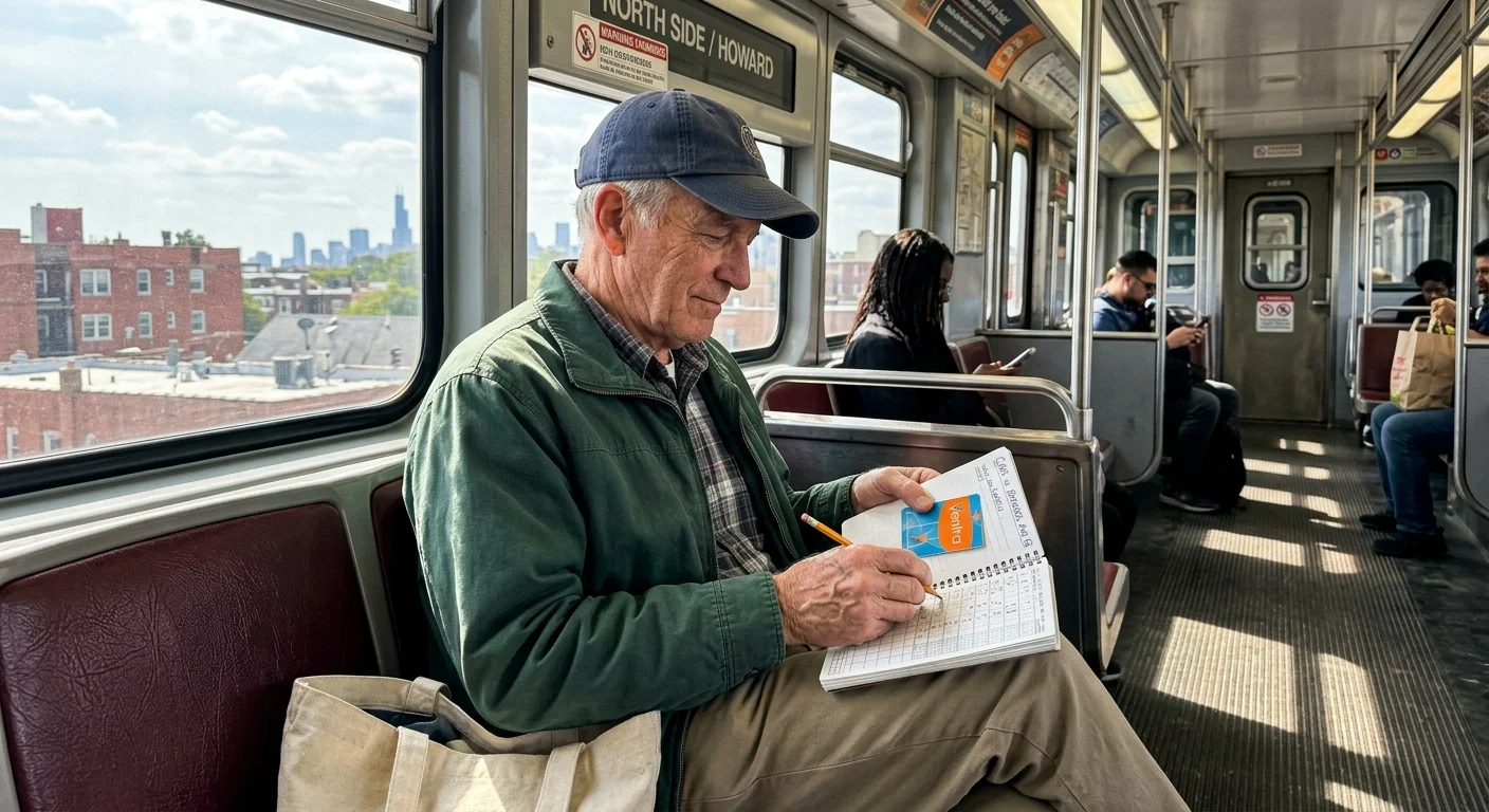 A senior man in a baseball cap writes in a notebook while riding an elevated train car past city buildings.