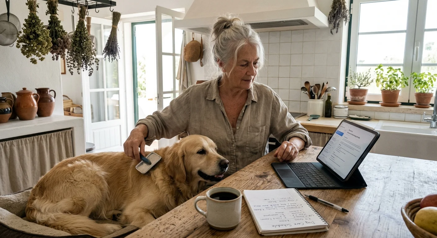 A senior woman brushes a golden retriever beside a laptop, notepad, and coffee cup at a rustic kitchen table.