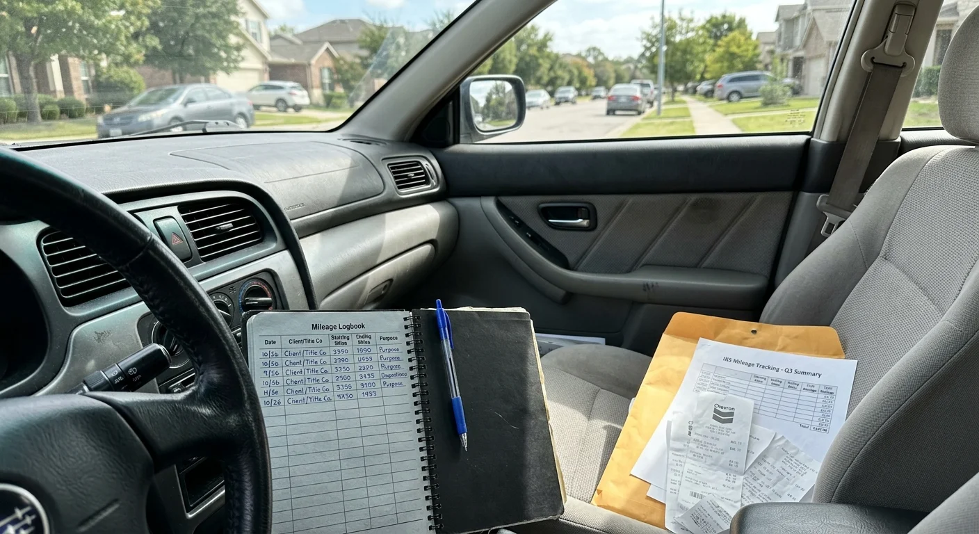 A handwritten mileage logbook resting on a car steering wheel beside receipts and tax paperwork on the passenger seat.