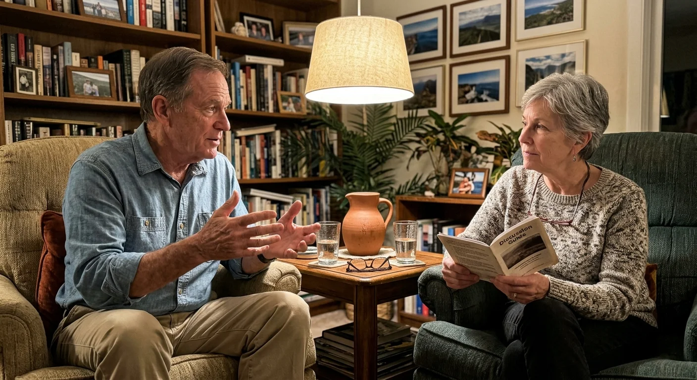 A man talks with expressive hand gestures while seated across from a woman holding an open booklet in a living room.