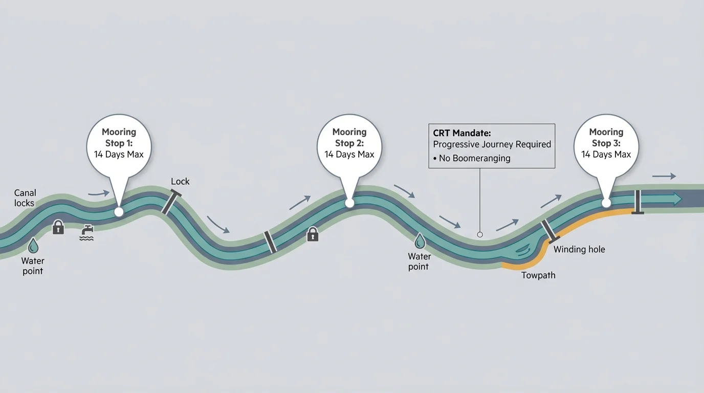 Diagram of a winding canal route marking three 14-day maximum mooring stops, locks, water points, and a winding hole.