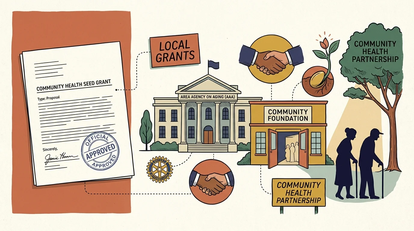 Illustration of an approved grant proposal linked to an Area Agency on Aging building, community foundation, and seniors.